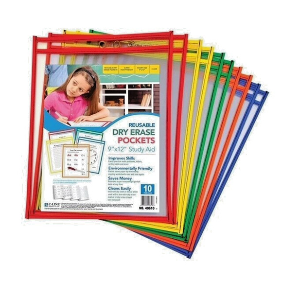C-Line Reusable Dry Erase Pockets 9”x12” Study Aid Assorted Colors 10/Pack NEW - Picture 4 of 4